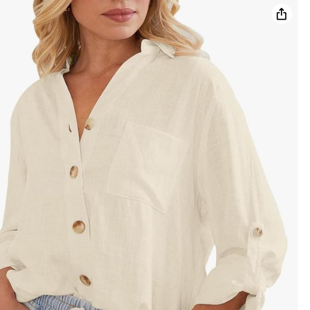 Merryfun Womens Cream Linen Long-Sleeved Blouse